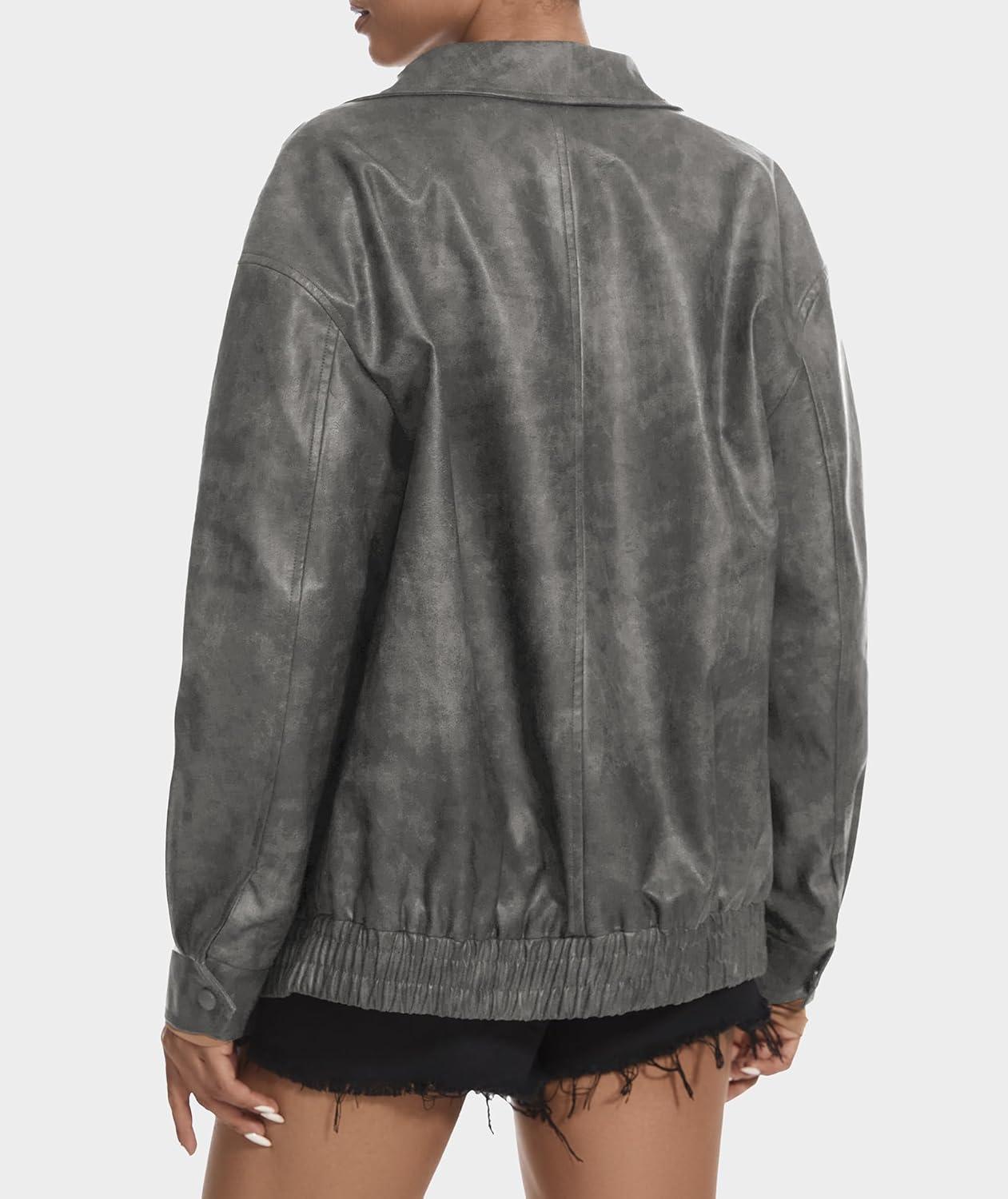 imageCasly Lamiit Womens Faux Leather Jacket Oversized Motorcycle Zipper Bomber Coats Fashion Casual Travel OutfitsGrey