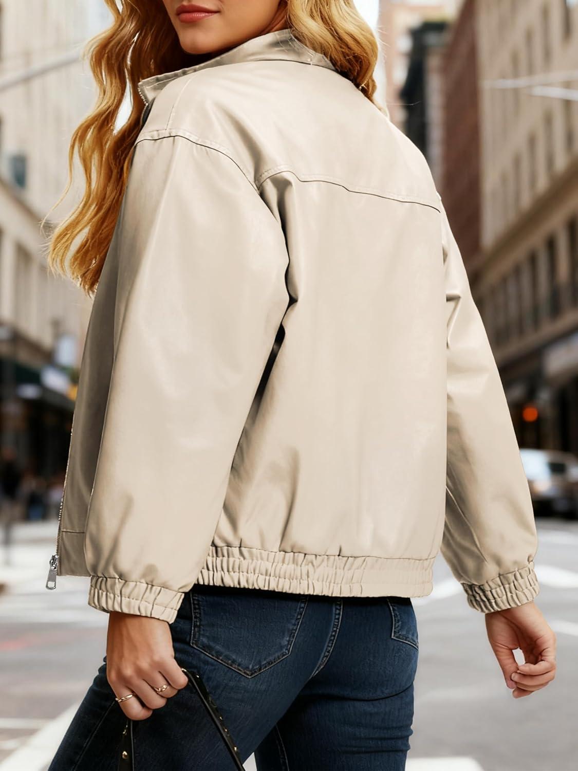 imageCasly Lamiit Womens Faux Leather Jacket Oversized Winter Stand Collar Double Zipper Casual Motorcycle Bomber Coat OutwearBeige