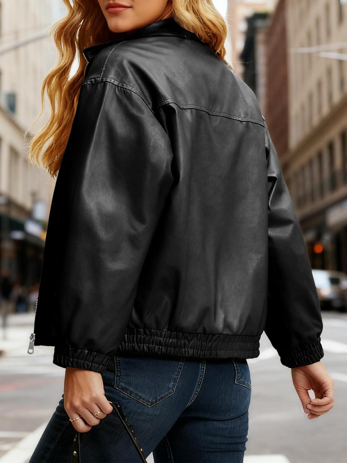 imageCasly Lamiit Womens Faux Leather Jacket Oversized Winter Stand Collar Double Zipper Casual Motorcycle Bomber Coat OutwearBlack