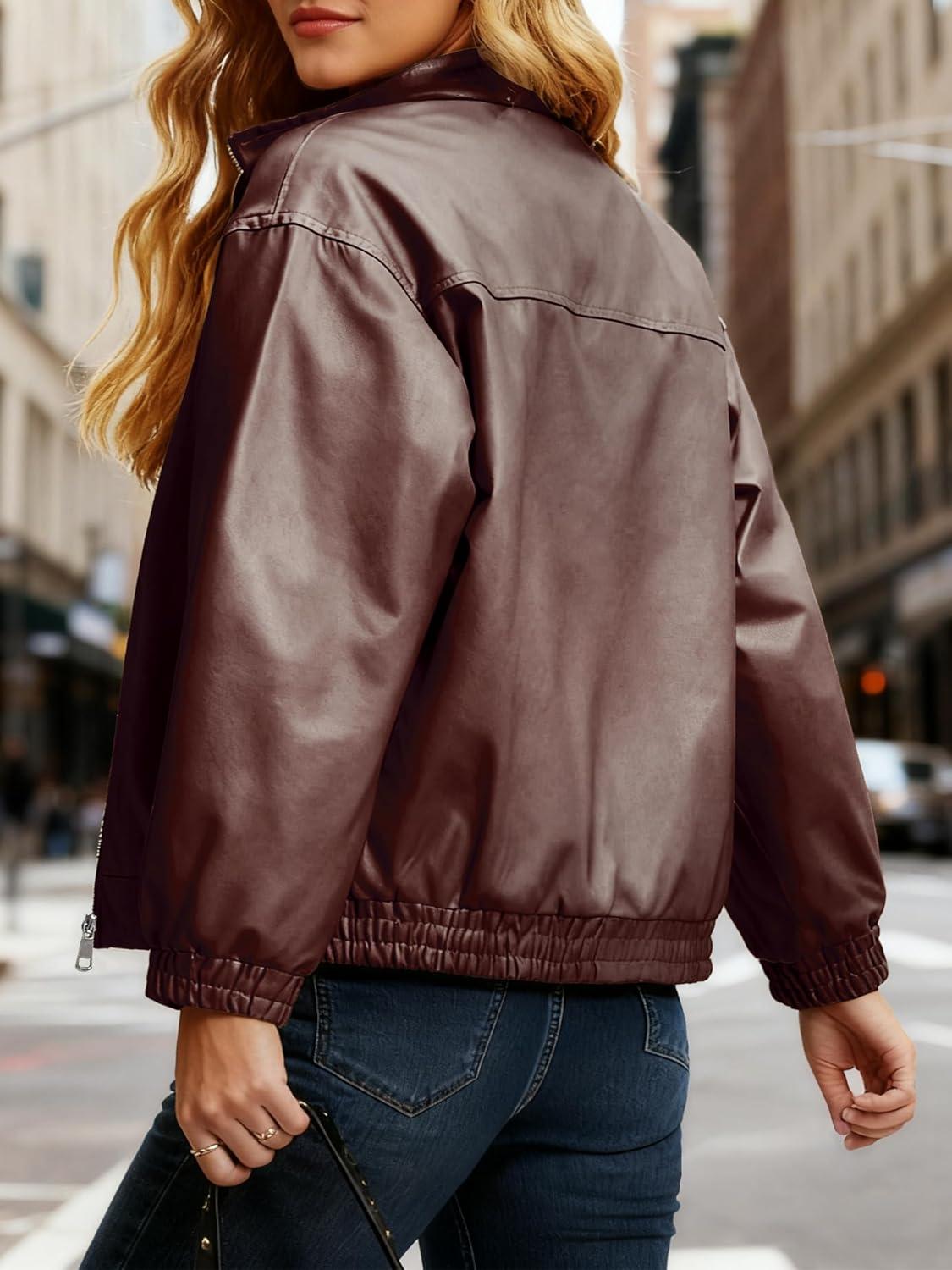 imageCasly Lamiit Womens Faux Leather Jacket Oversized Winter Stand Collar Double Zipper Casual Motorcycle Bomber Coat OutwearChocolate
