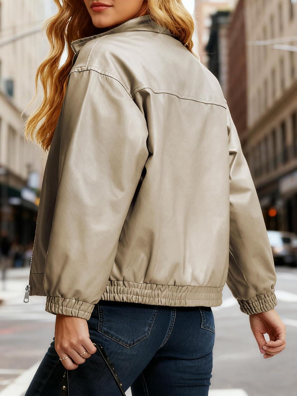 imageCasly Lamiit Womens Faux Leather Jacket Oversized Winter Stand Collar Double Zipper Casual Motorcycle Bomber Coat OutwearKhaki