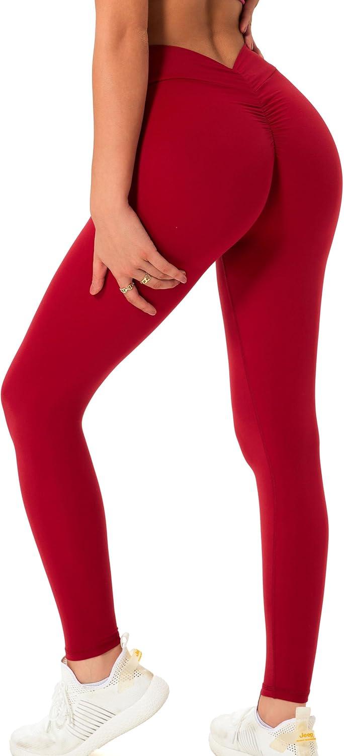 imageDanysu V Back Scrunch Butt Leggings for Women Soft High Waisted Booty Tights Workout Gym Yoga Pants1ruby Red