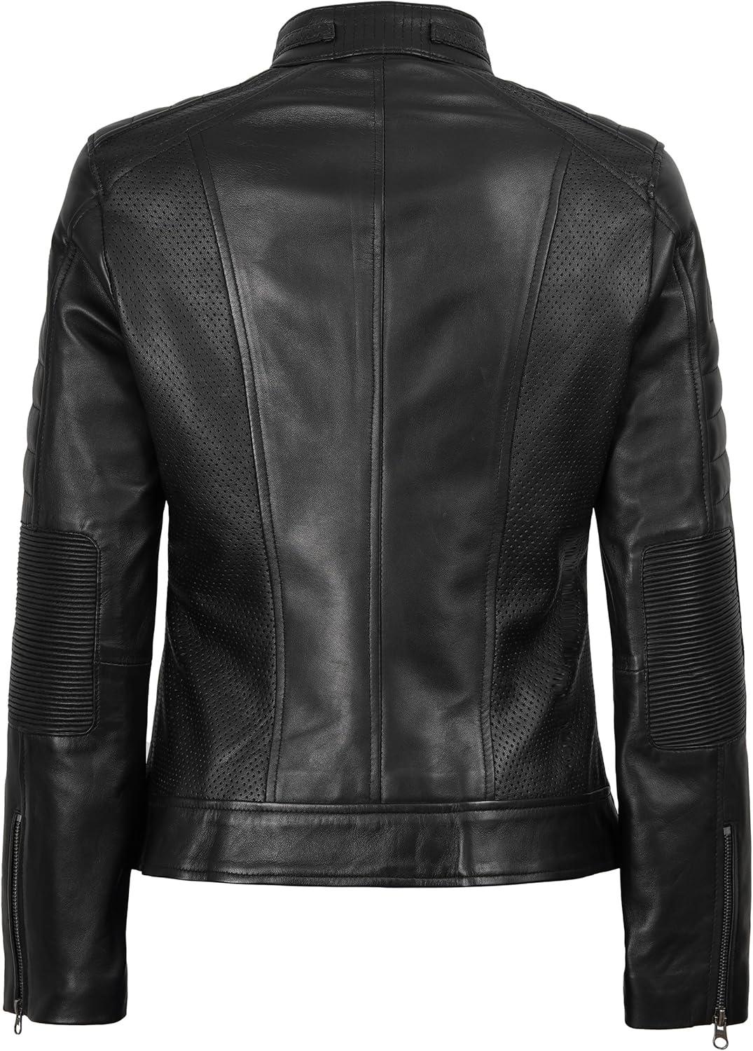 imageDecrum Leather Jacket Women Stylish Casual Real Lambskin Leather Jackets for WomenCaf Racer Leather Jacket Black