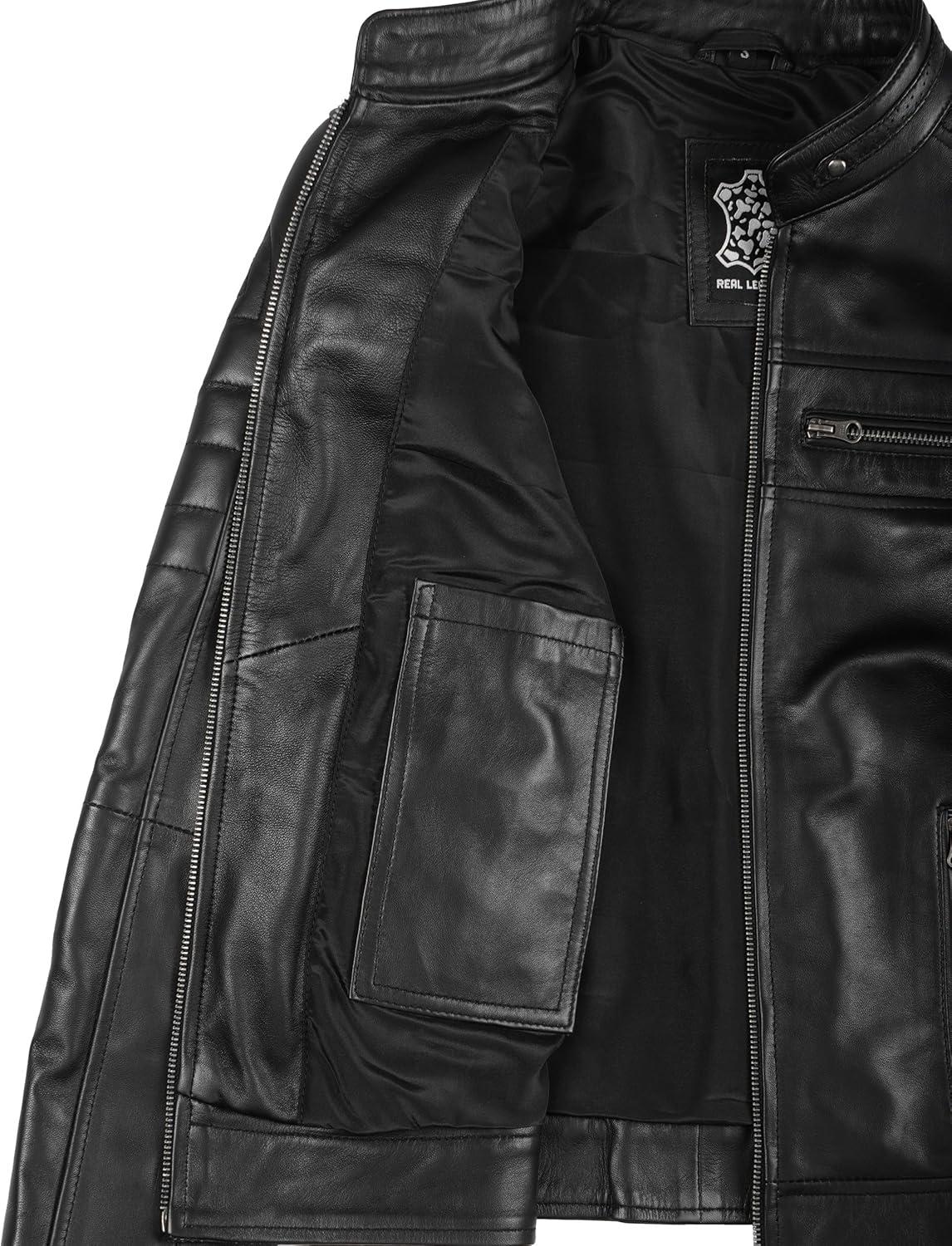 imageDecrum Leather Jacket Women Stylish Casual Real Lambskin Leather Jackets for WomenCaf Racer Leather Jacket Black