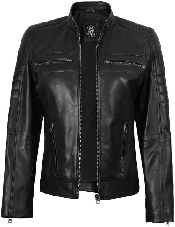 imageDecrum Leather Jacket Women Stylish Casual Real Lambskin Leather Jackets for WomenCaf Racer Leather Jacket Black