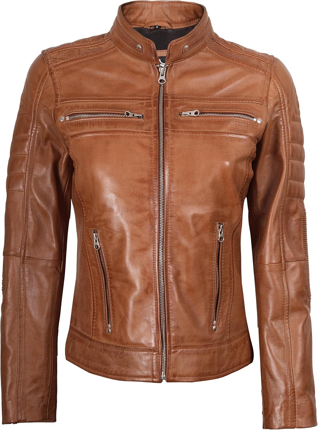 imageDecrum Leather Jacket Women Stylish Casual Real Lambskin Leather Jackets for WomenCaf Racer Leather Jacket Brown Without Wax