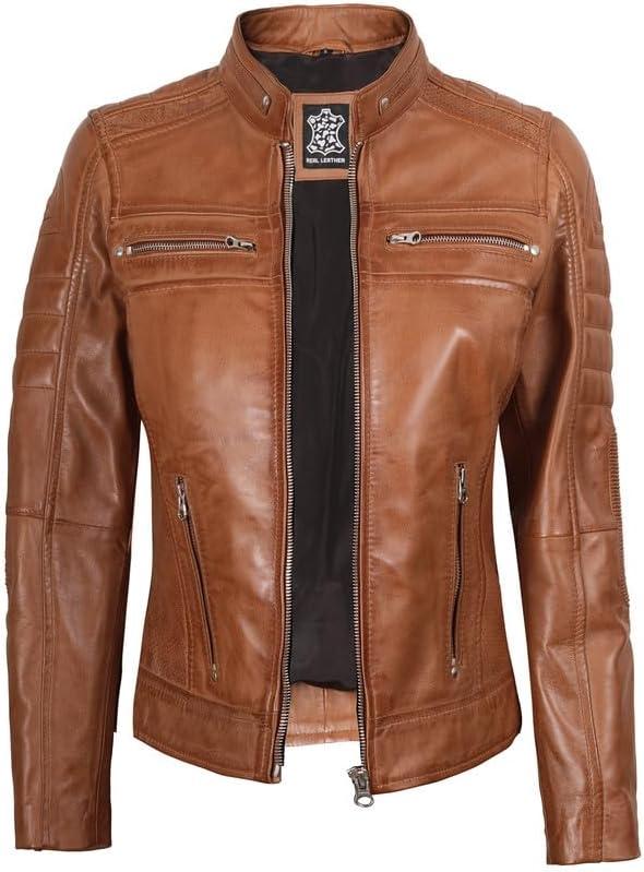 imageDecrum Leather Jacket Women Stylish Casual Real Lambskin Leather Jackets for WomenCaf Racer Leather Jacket Brown Without Wax