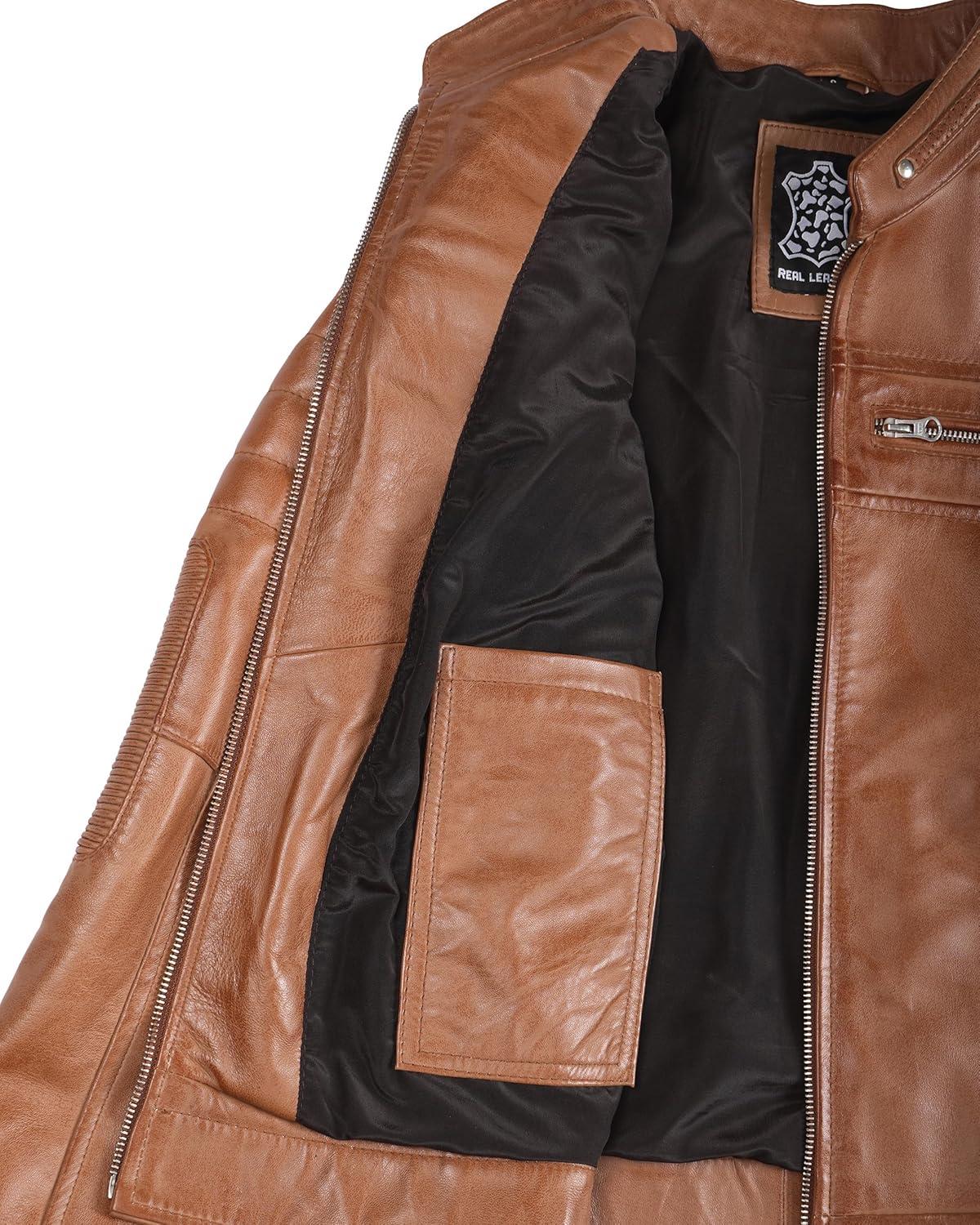 imageDecrum Leather Jacket Women Stylish Casual Real Lambskin Leather Jackets for WomenCaf Racer Leather Jacket Brown Without Wax