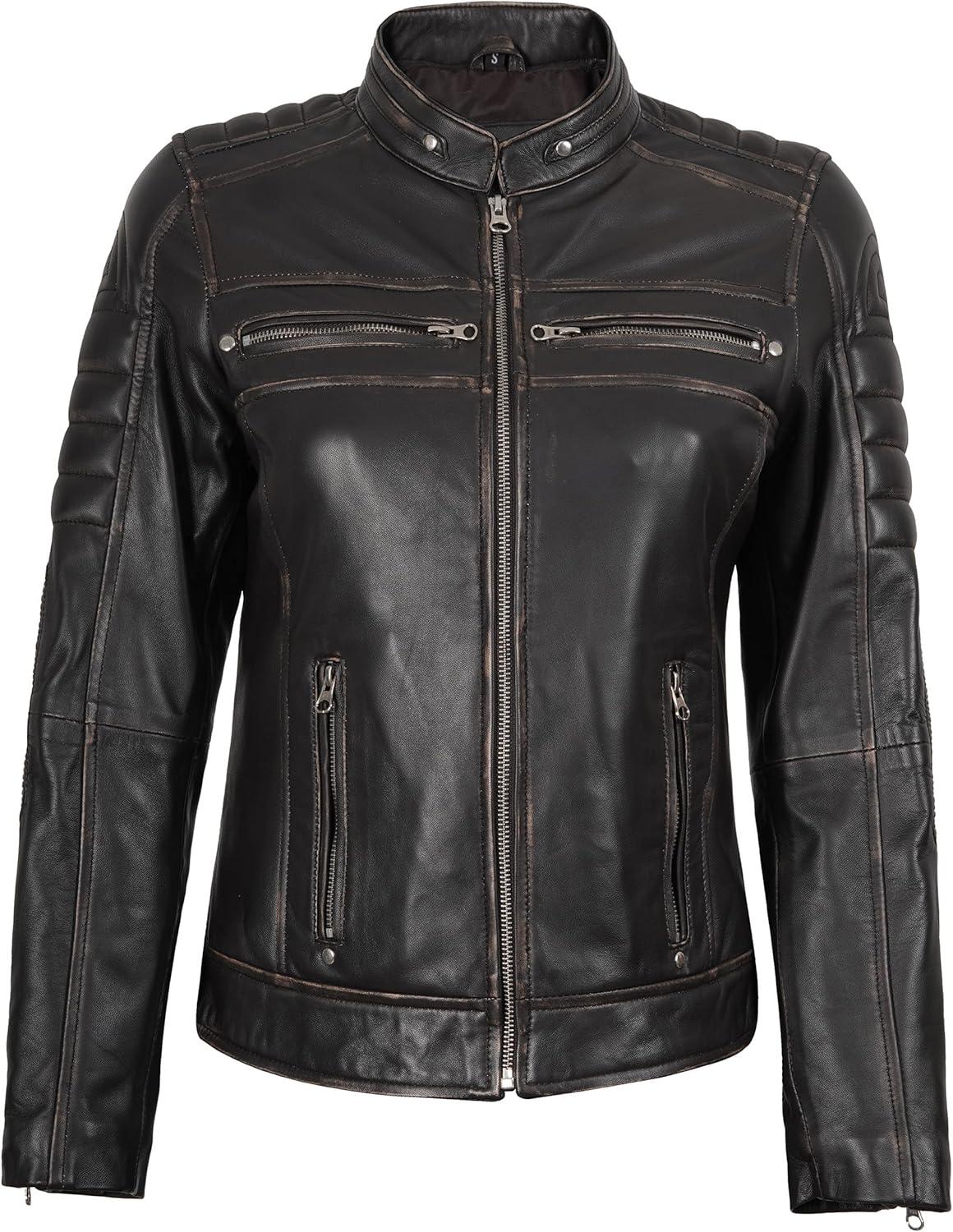 imageDecrum Leather Jacket Women Stylish Casual Real Lambskin Leather Jackets for WomenCafe Racer Distressed Brown Leather Jacket