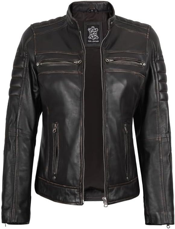 imageDecrum Leather Jacket Women Stylish Casual Real Lambskin Leather Jackets for WomenCafe Racer Distressed Brown Leather Jacket