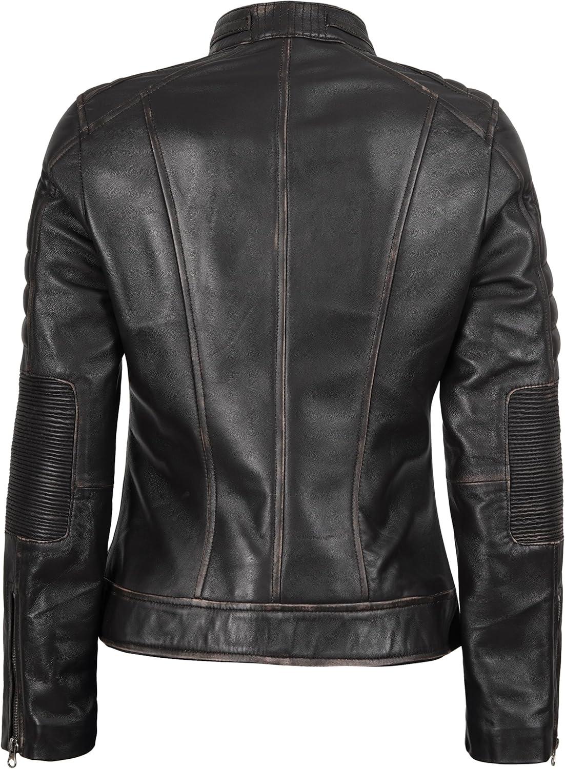 imageDecrum Leather Jacket Women Stylish Casual Real Lambskin Leather Jackets for WomenCafe Racer Distressed Brown Leather Jacket