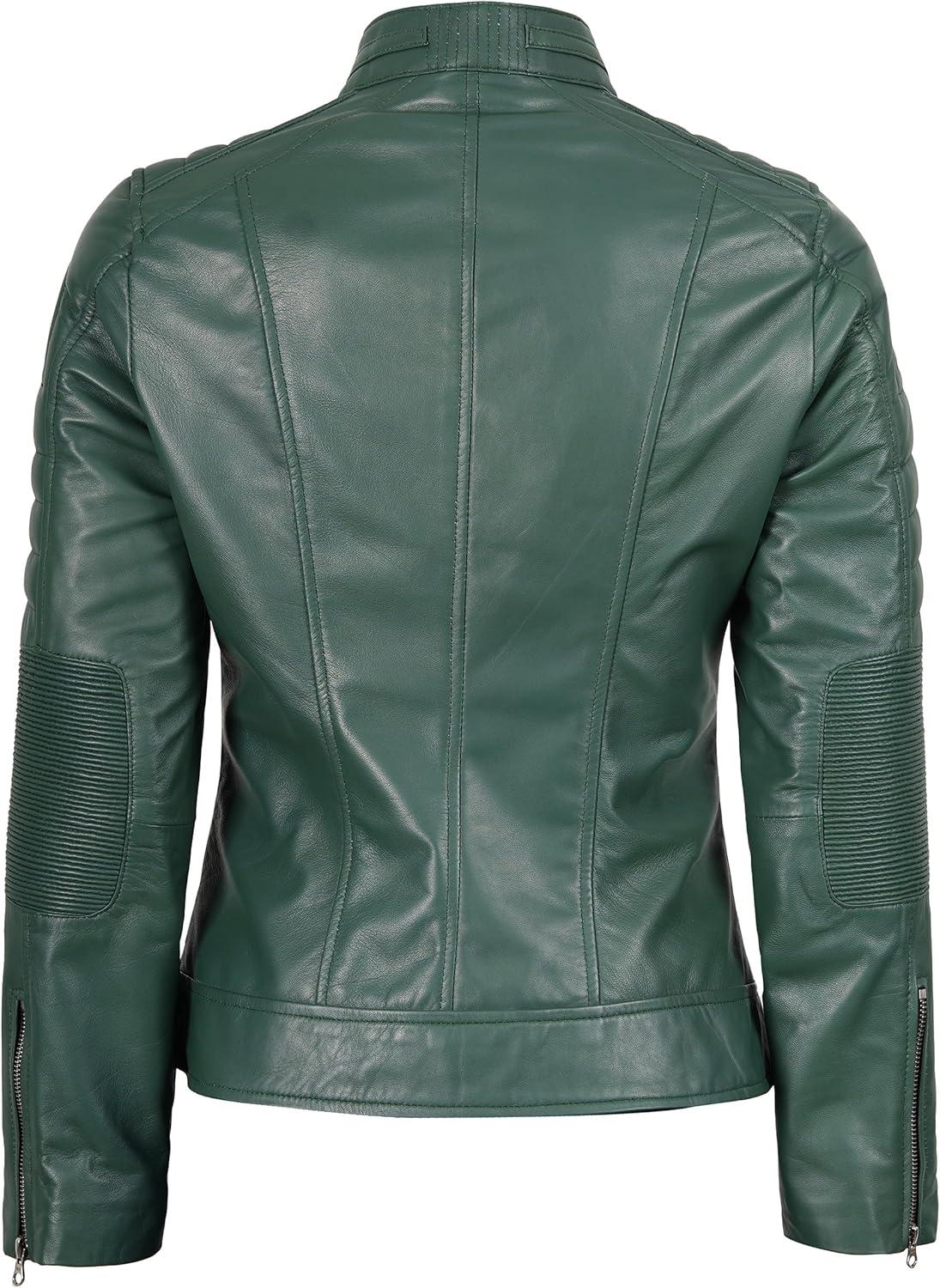 imageDecrum Leather Jacket Women Stylish Casual Real Lambskin Leather Jackets for WomenCafe Racer Women Green Leather Jacket