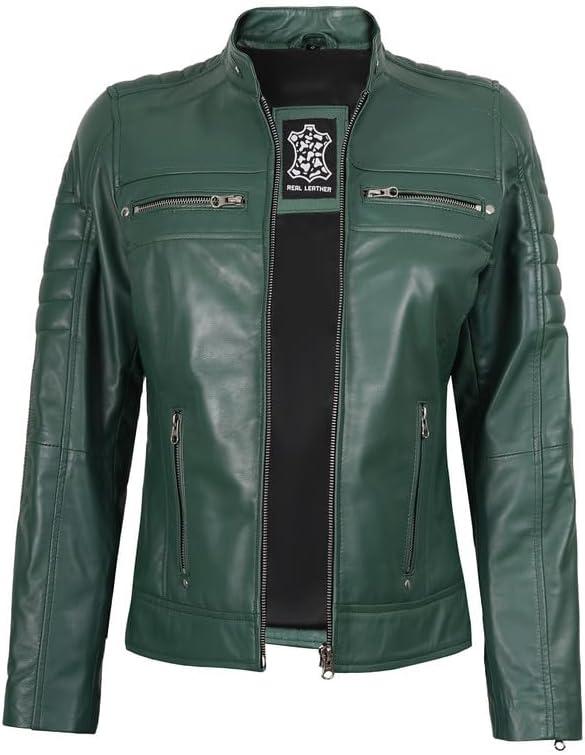 imageDecrum Leather Jacket Women Stylish Casual Real Lambskin Leather Jackets for WomenCafe Racer Women Green Leather Jacket