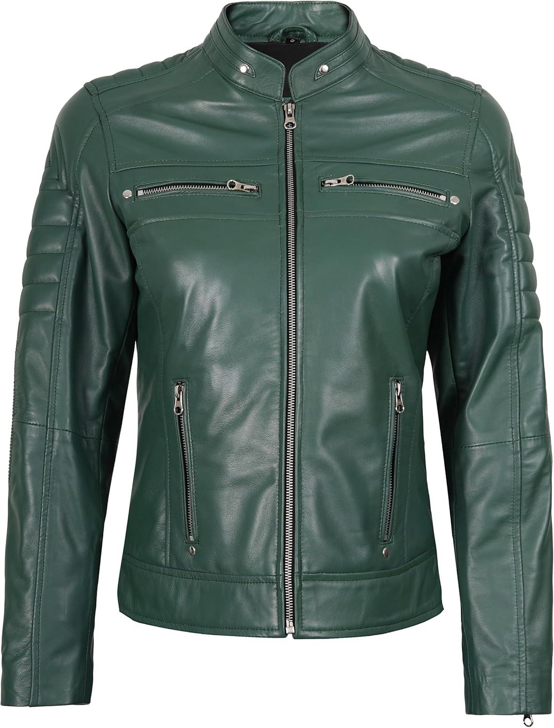 imageDecrum Leather Jacket Women Stylish Casual Real Lambskin Leather Jackets for WomenCafe Racer Women Green Leather Jacket