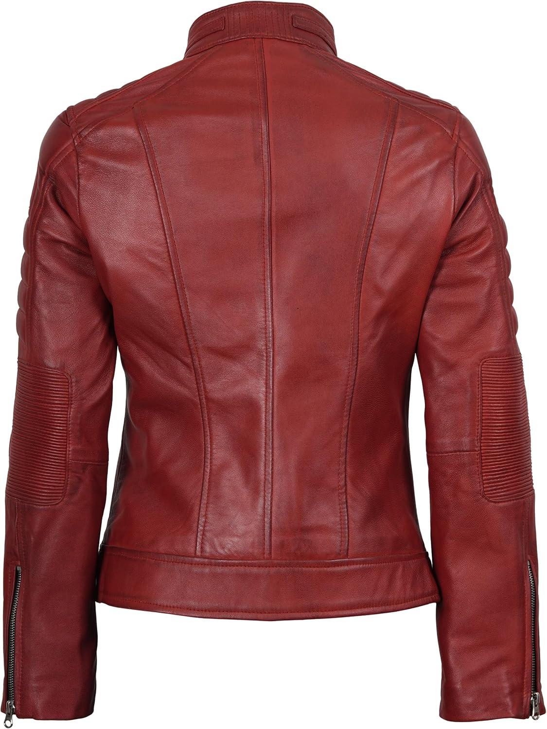 imageDecrum Leather Jacket Women Stylish Casual Real Lambskin Leather Jackets for WomenCafe Racer Women Red Wax Leather Jacket