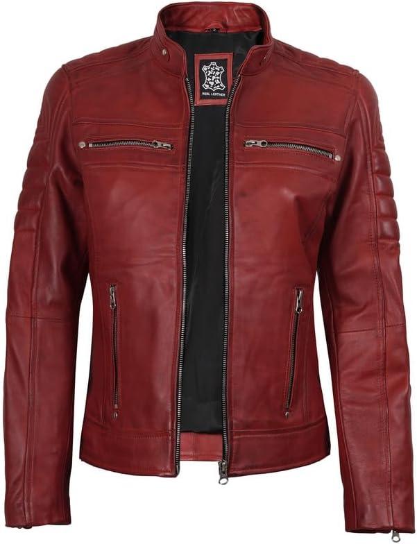imageDecrum Leather Jacket Women Stylish Casual Real Lambskin Leather Jackets for WomenCafe Racer Women Red Wax Leather Jacket