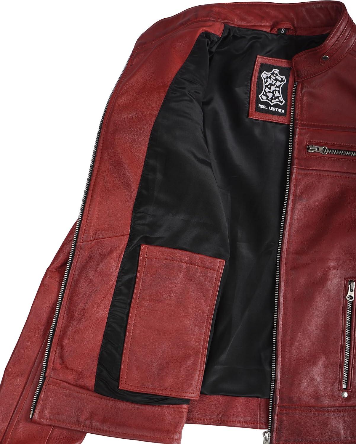 imageDecrum Leather Jacket Women Stylish Casual Real Lambskin Leather Jackets for WomenCafe Racer Women Red Wax Leather Jacket