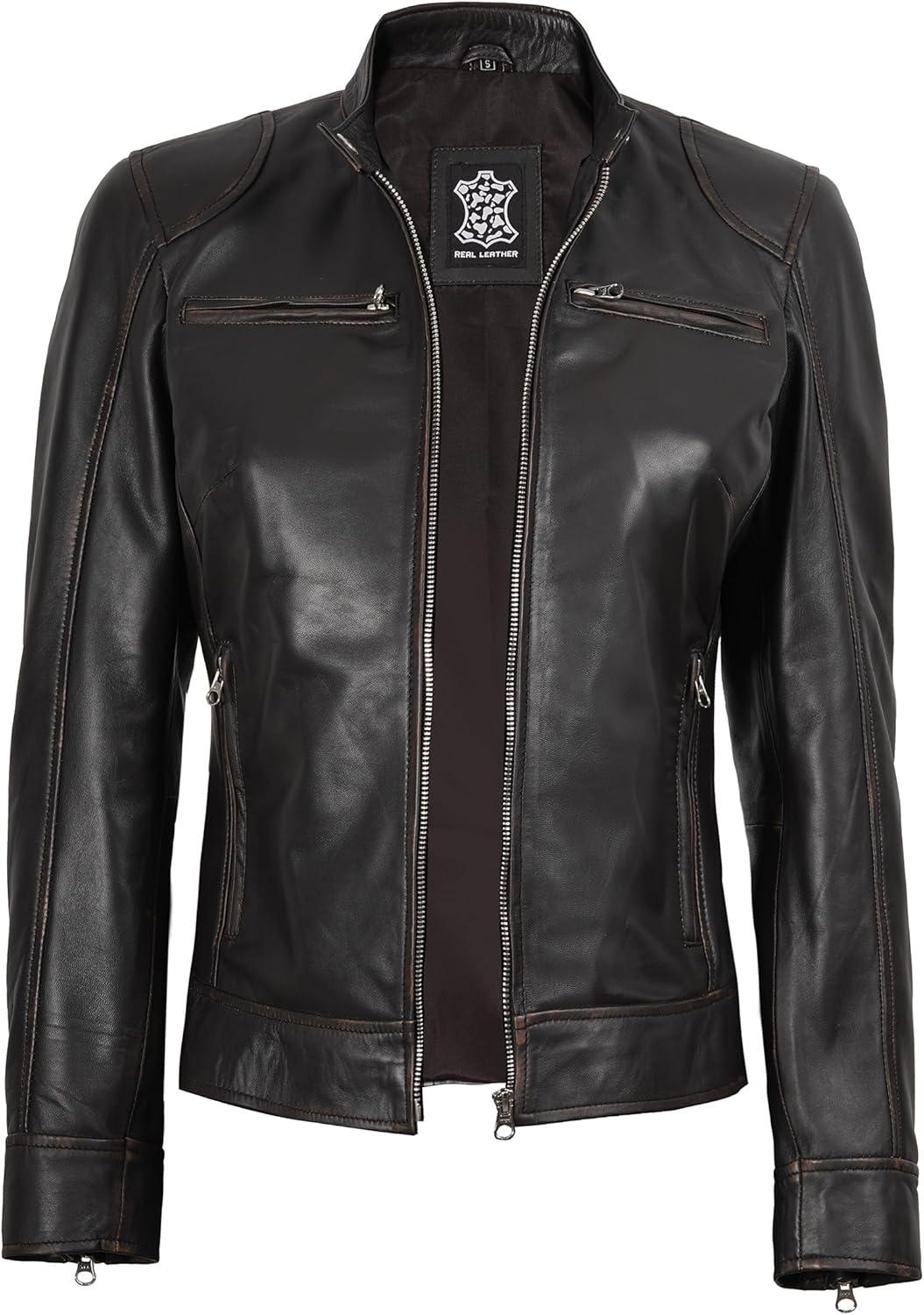imageDecrum Leather Jackets For Women Cafe Racer Style Casual Womens Leather JacketDdge Distressed Brown Leather Jacket