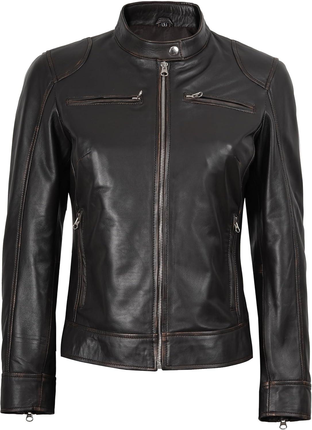 imageDecrum Leather Jackets For Women Cafe Racer Style Casual Womens Leather JacketDdge Distressed Brown Leather Jacket