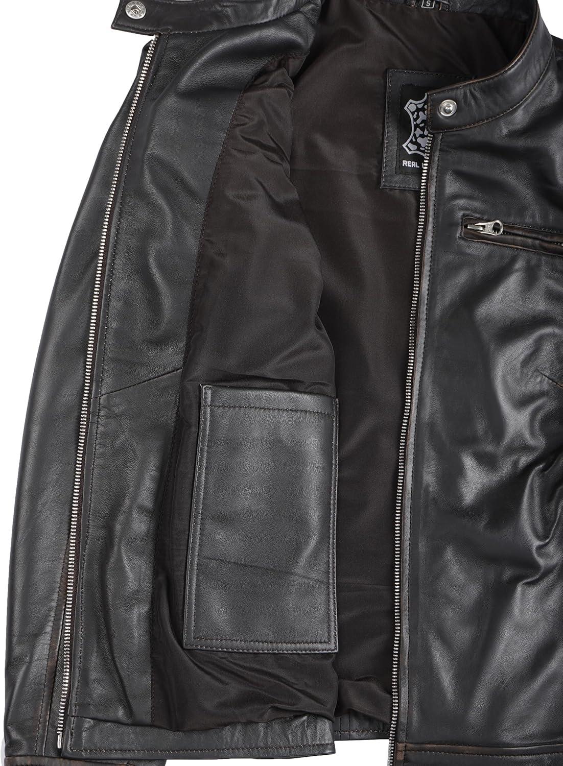 imageDecrum Leather Jackets For Women Cafe Racer Style Casual Womens Leather JacketDdge Distressed Brown Leather Jacket