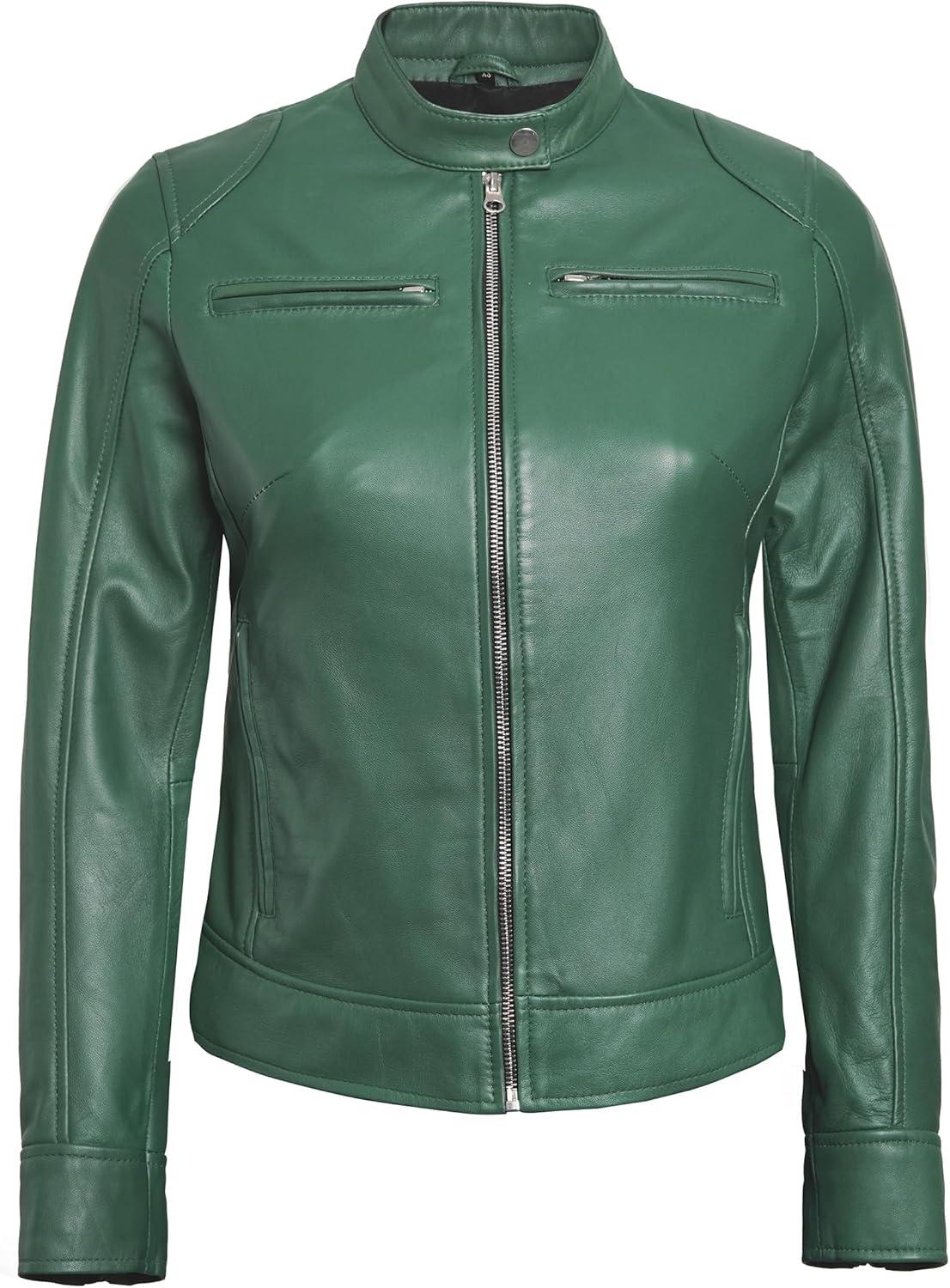 imageDecrum Leather Jackets For Women Cafe Racer Style Casual Womens Leather JacketDdge Green Leather Jacket
