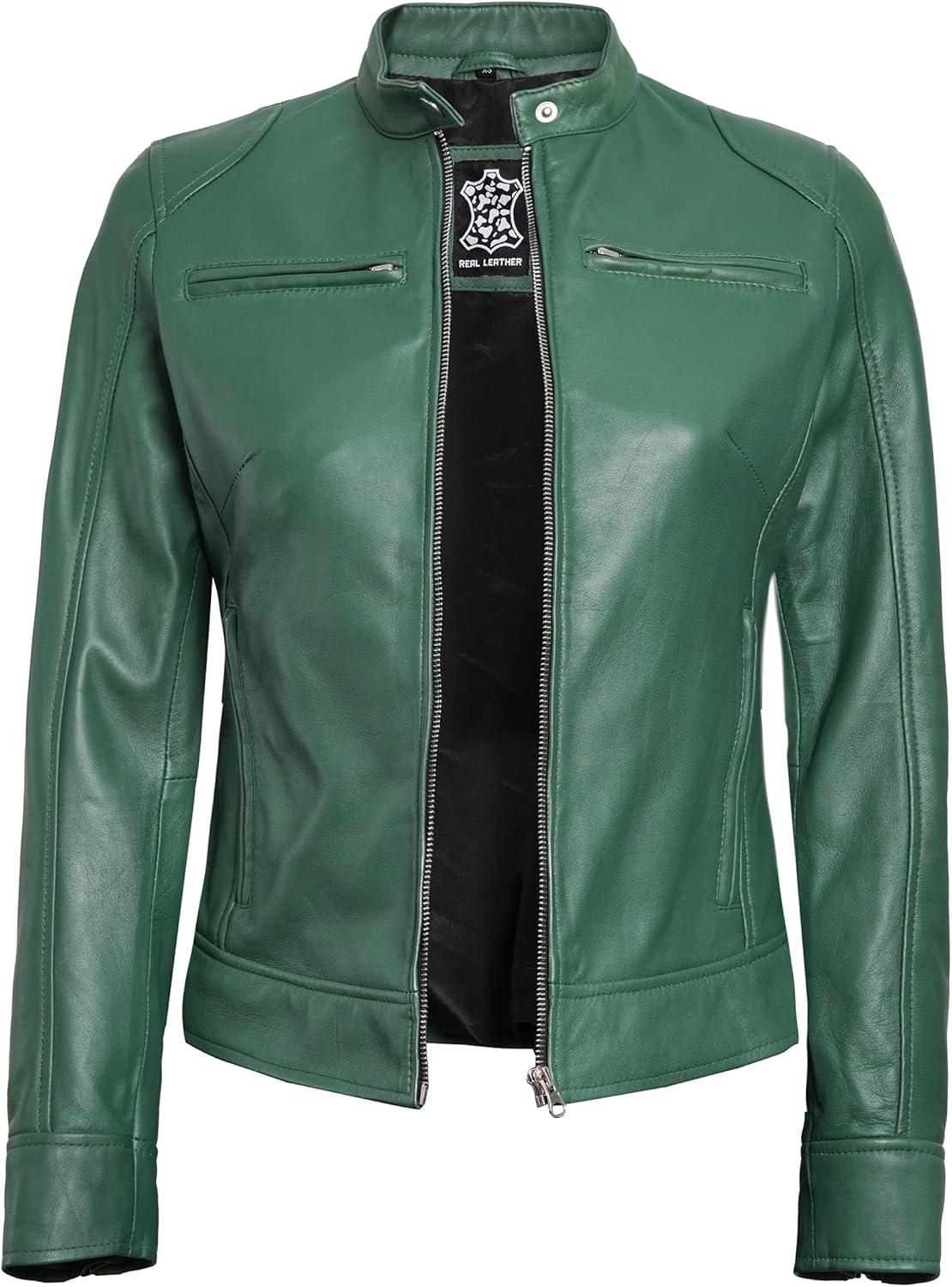imageDecrum Leather Jackets For Women Cafe Racer Style Casual Womens Leather JacketDdge Green Leather Jacket