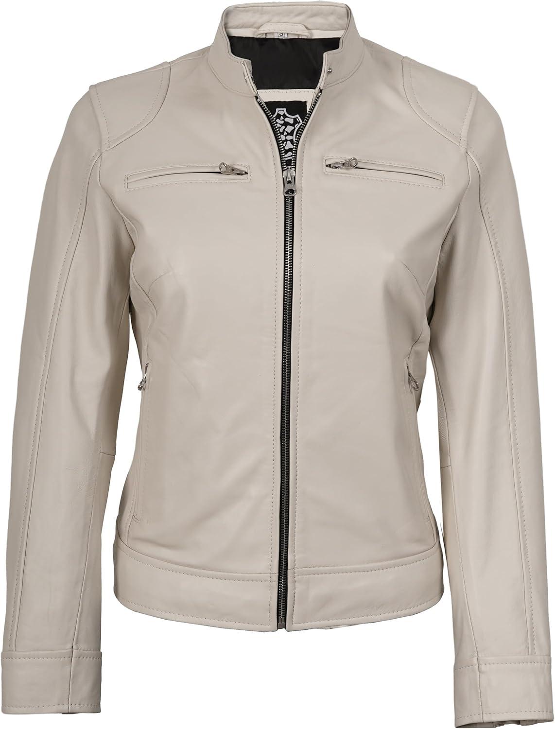 imageDecrum Leather Jackets For Women Cafe Racer Style Casual Womens Leather JacketDdge Off White Leather Jacket