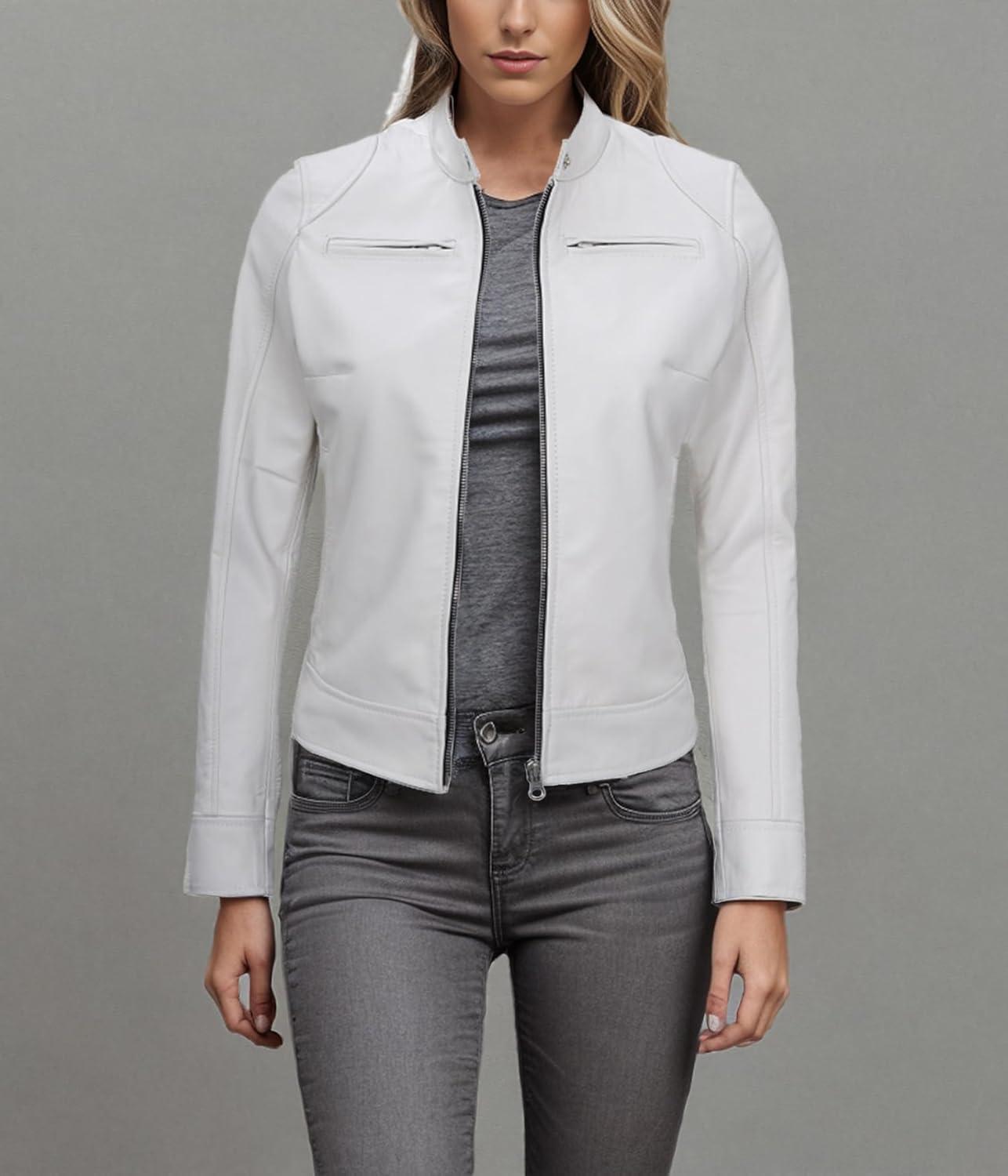 imageDecrum Leather Jackets For Women Cafe Racer Style Casual Womens Leather JacketDdge Off White Leather Jacket