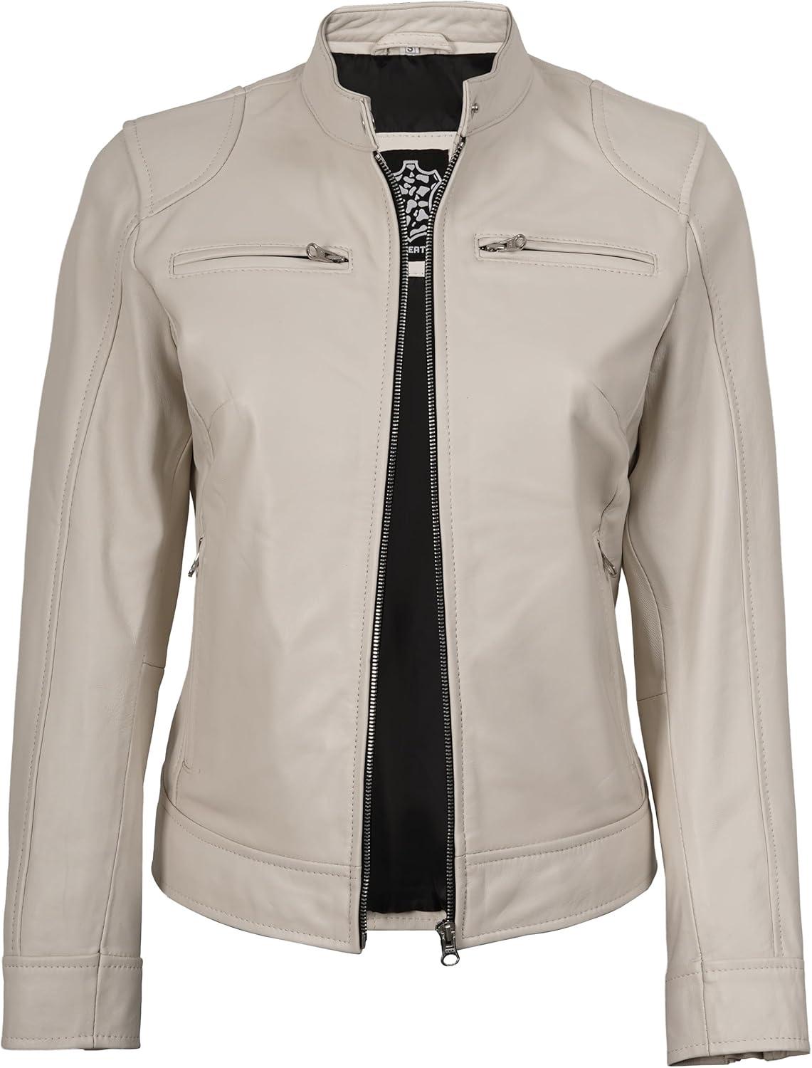 imageDecrum Leather Jackets For Women Cafe Racer Style Casual Womens Leather JacketDdge Off White Leather Jacket