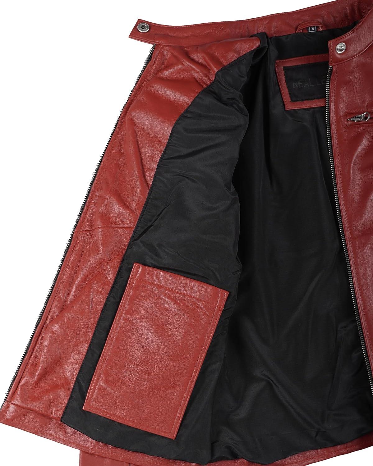 imageDecrum Leather Jackets For Women Cafe Racer Style Casual Womens Leather JacketDdge Red Women Leather Jacket