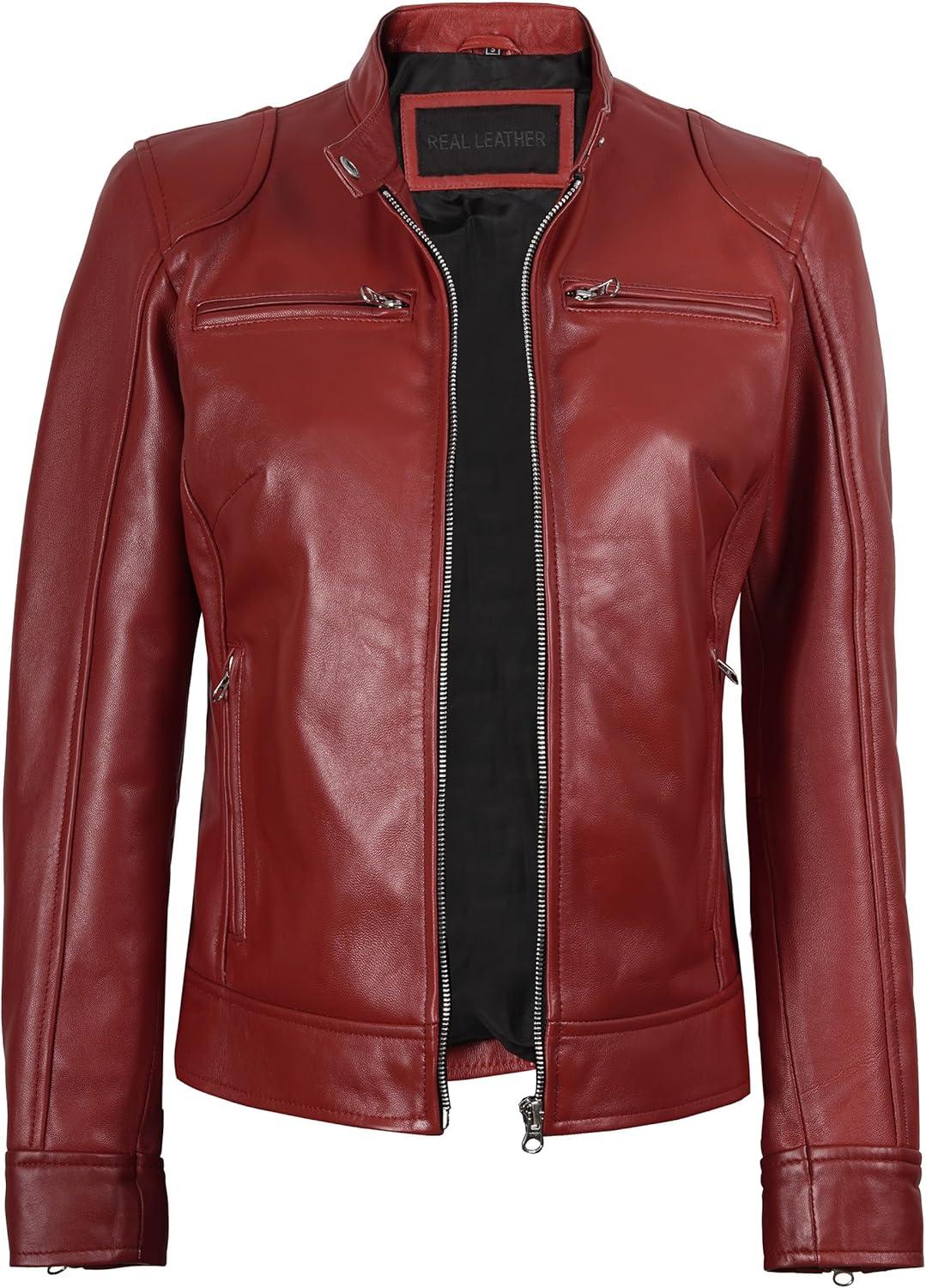 imageDecrum Leather Jackets For Women Cafe Racer Style Casual Womens Leather JacketDdge Red Women Leather Jacket
