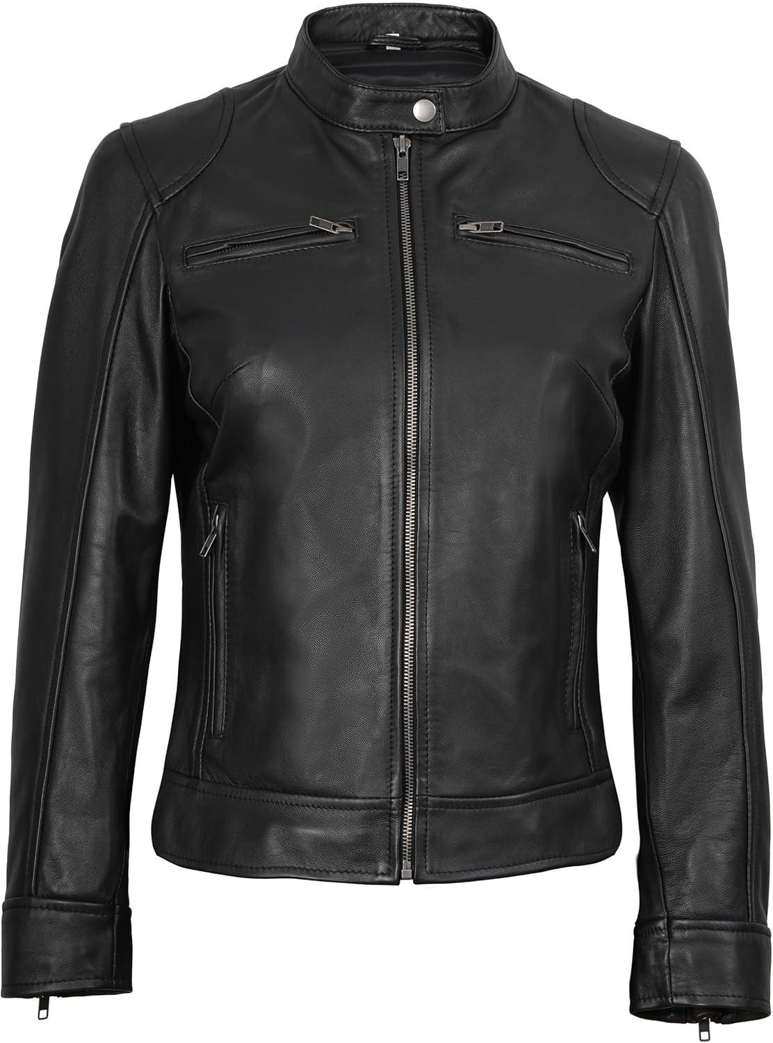 imageDecrum Leather Jackets For Women Cafe Racer Style Casual Womens Leather JacketDdge Womens Black Leather Jacket