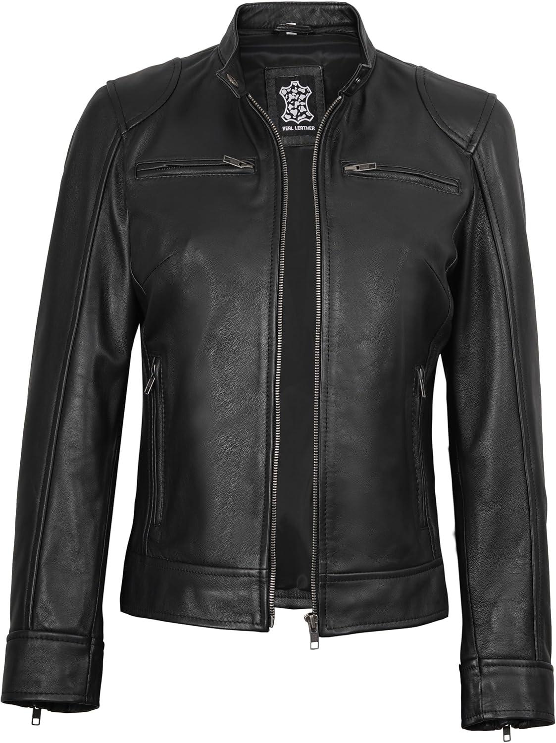 imageDecrum Leather Jackets For Women Cafe Racer Style Casual Womens Leather JacketDdge Womens Black Leather Jacket