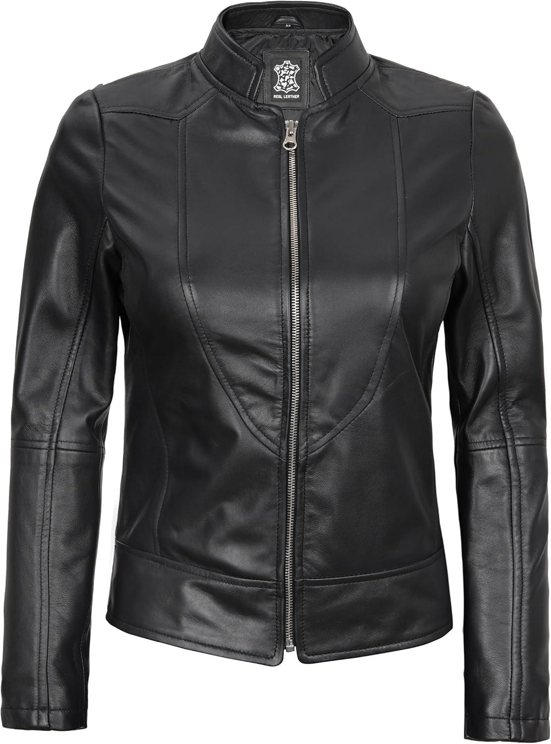 imageDecrum Womens Leather Jacket Real Lambskin Cafe Racer Style Leather Jackets for WomenAmy Black Leather Jacket Women