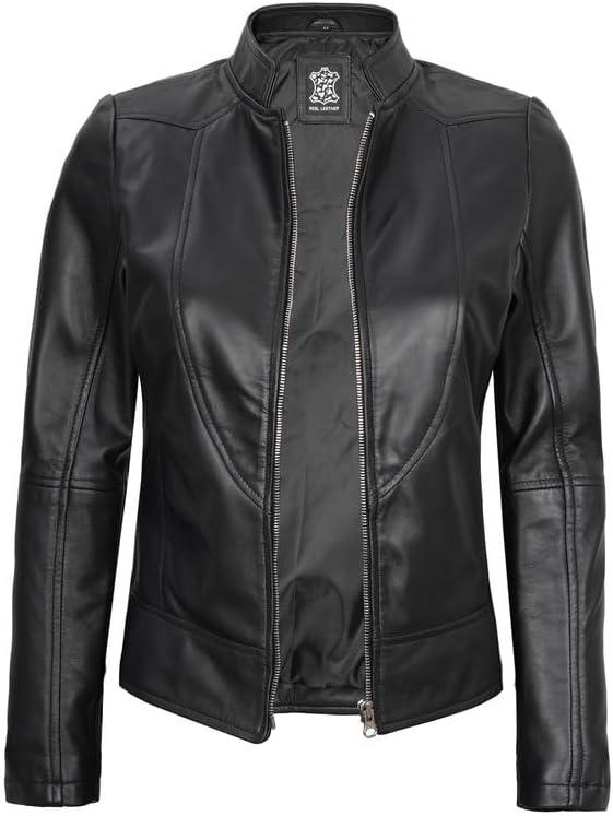 imageDecrum Womens Leather Jacket Real Lambskin Cafe Racer Style Leather Jackets for WomenAmy Black Leather Jacket Women