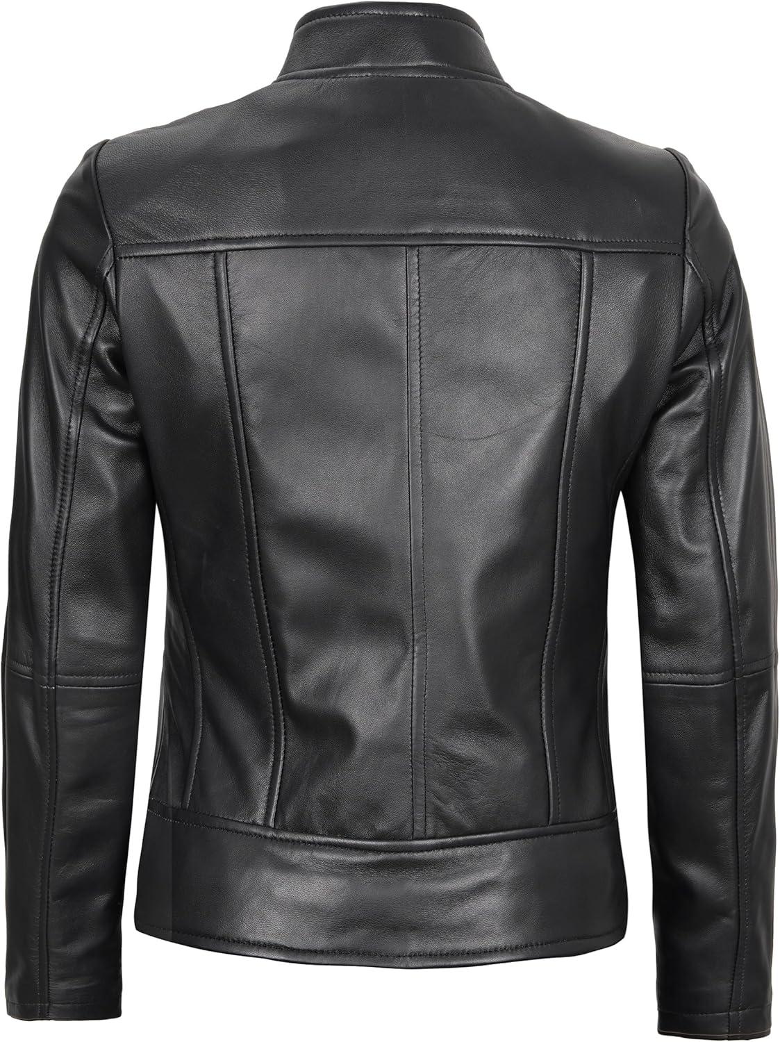 imageDecrum Womens Leather Jacket Real Lambskin Cafe Racer Style Leather Jackets for WomenAmy Black Leather Jacket Women
