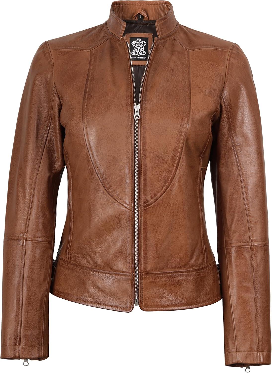 imageDecrum Womens Leather Jacket Real Lambskin Cafe Racer Style Leather Jackets for WomenAmy Brown Leather Jacket Women
