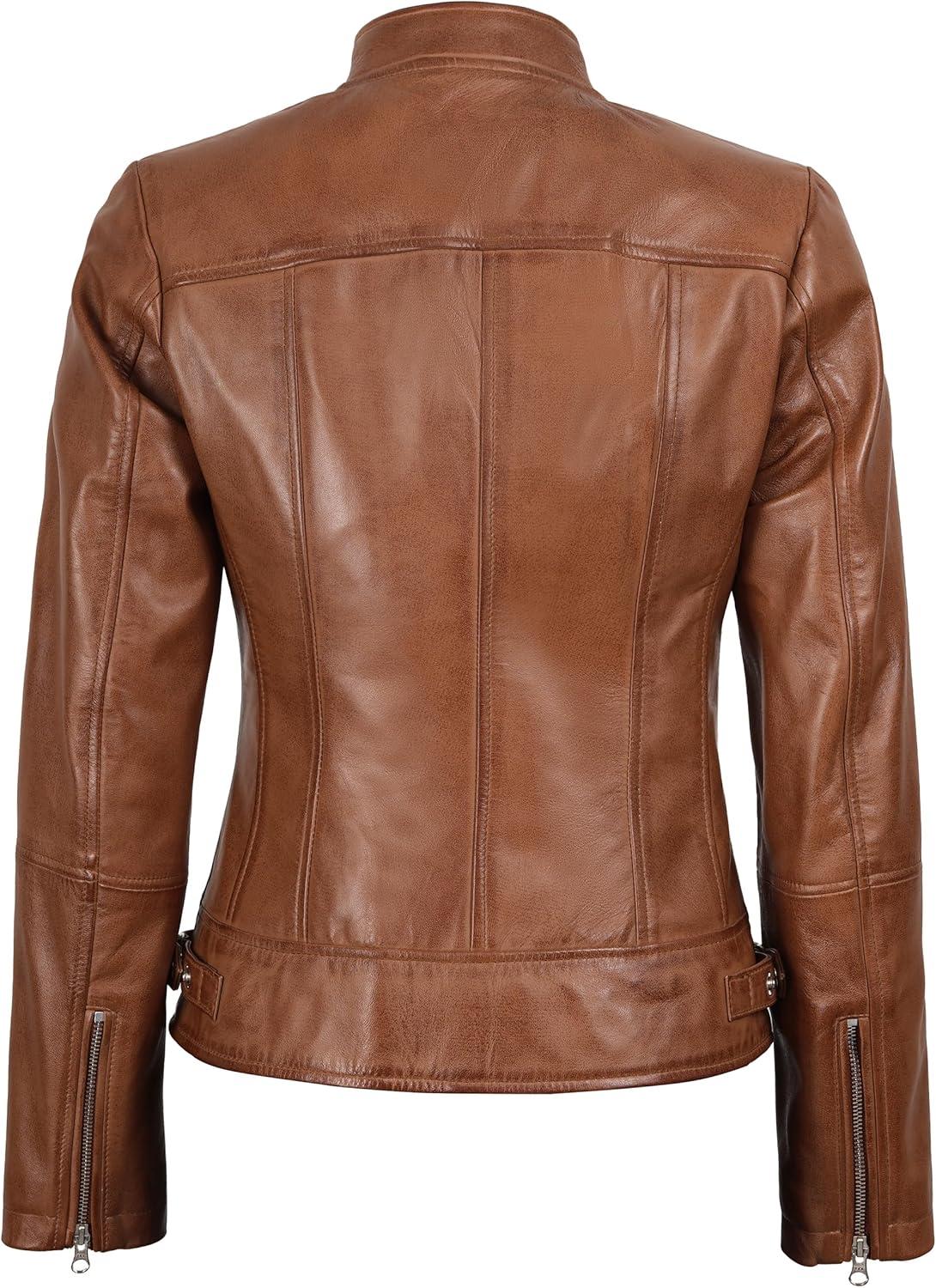 imageDecrum Womens Leather Jacket Real Lambskin Cafe Racer Style Leather Jackets for WomenAmy Brown Leather Jacket Women