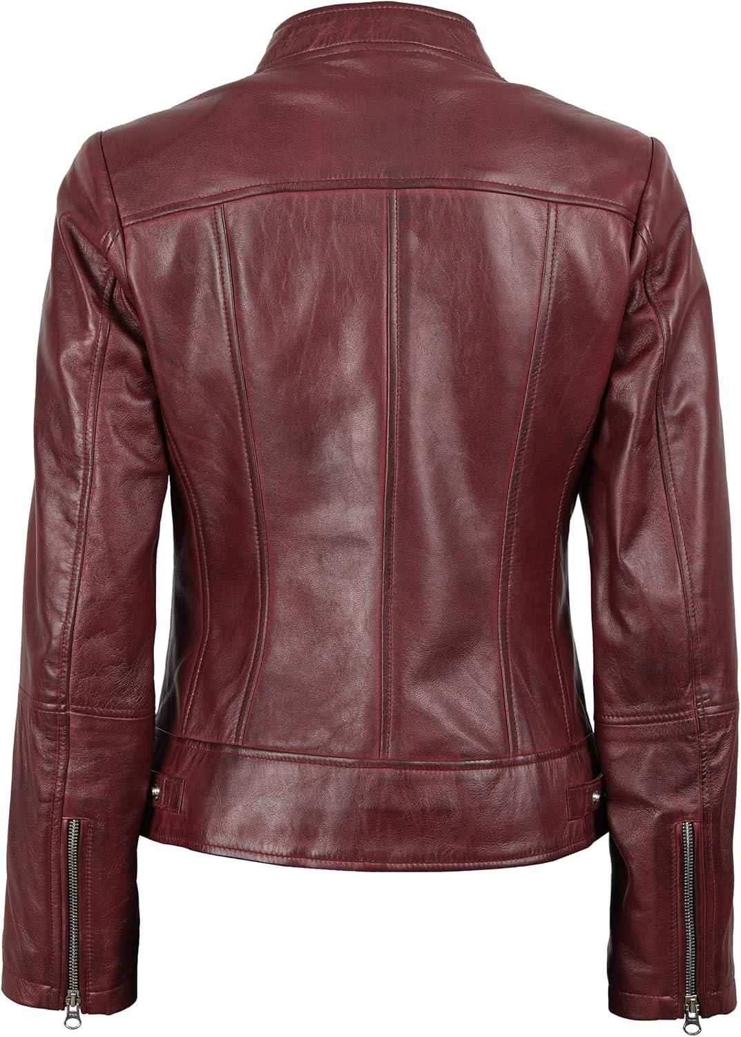 imageDecrum Womens Leather Jacket Real Lambskin Cafe Racer Style Leather Jackets for WomenAmy Burgundy Leather Jacket Women