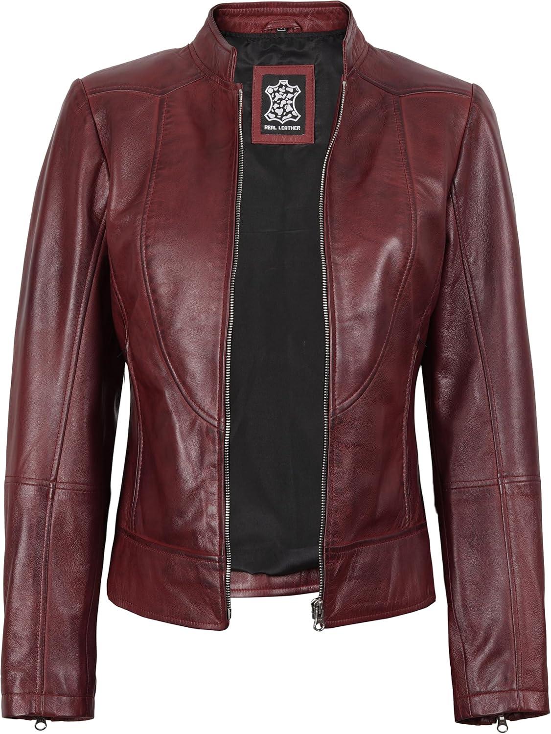 imageDecrum Womens Leather Jacket Real Lambskin Cafe Racer Style Leather Jackets for WomenAmy Burgundy Leather Jacket Women