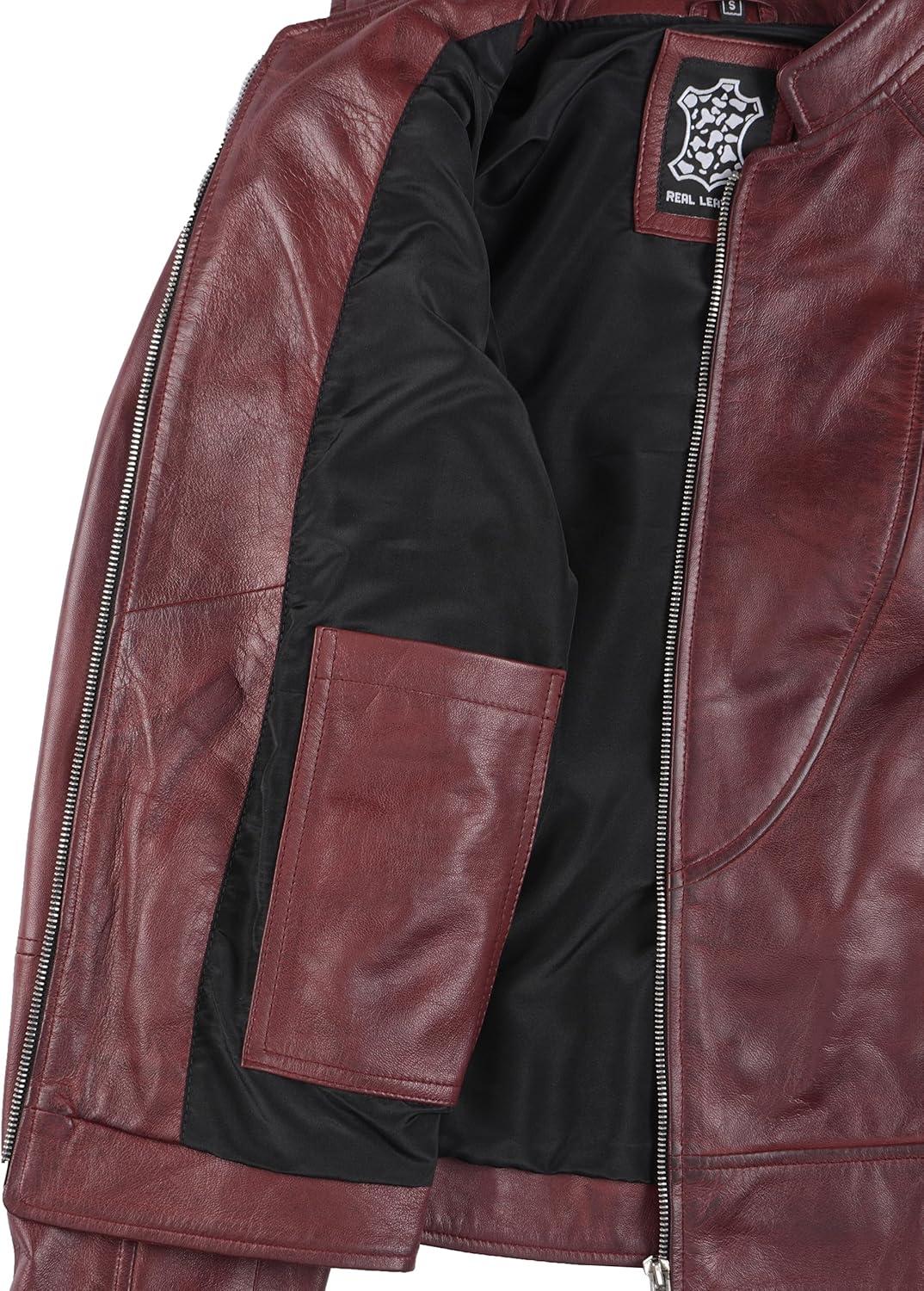 imageDecrum Womens Leather Jacket Real Lambskin Cafe Racer Style Leather Jackets for WomenAmy Burgundy Leather Jacket Women