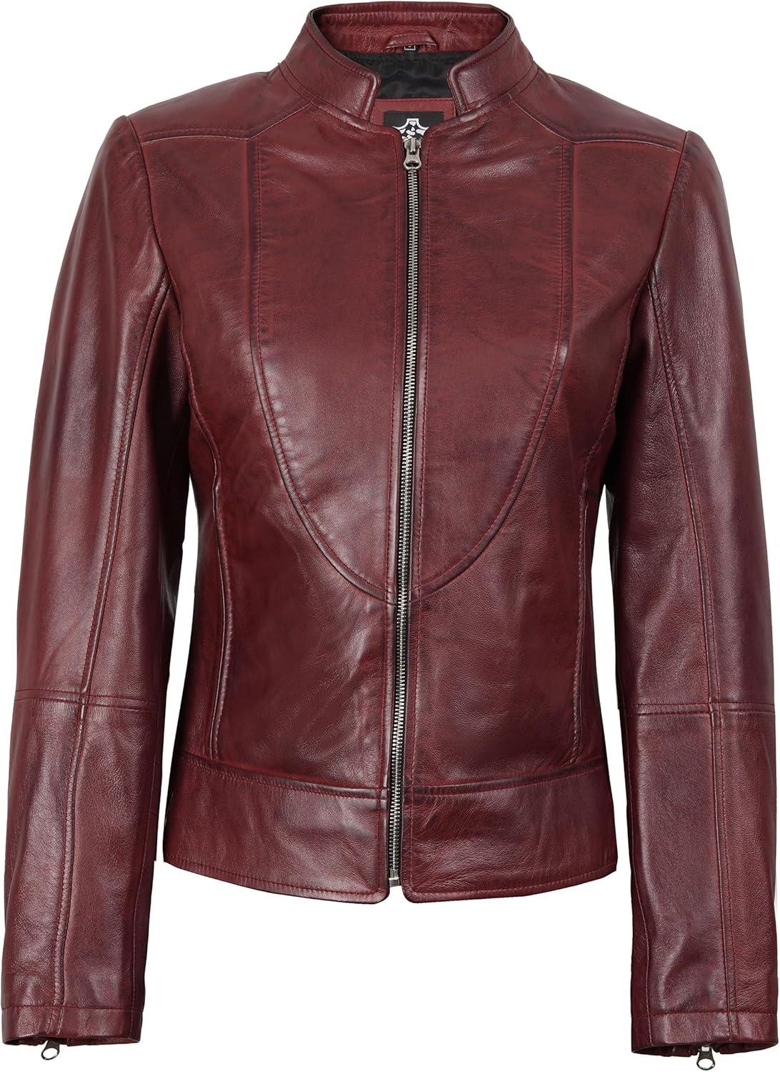 imageDecrum Womens Leather Jacket Real Lambskin Cafe Racer Style Leather Jackets for WomenAmy Burgundy Leather Jacket Women