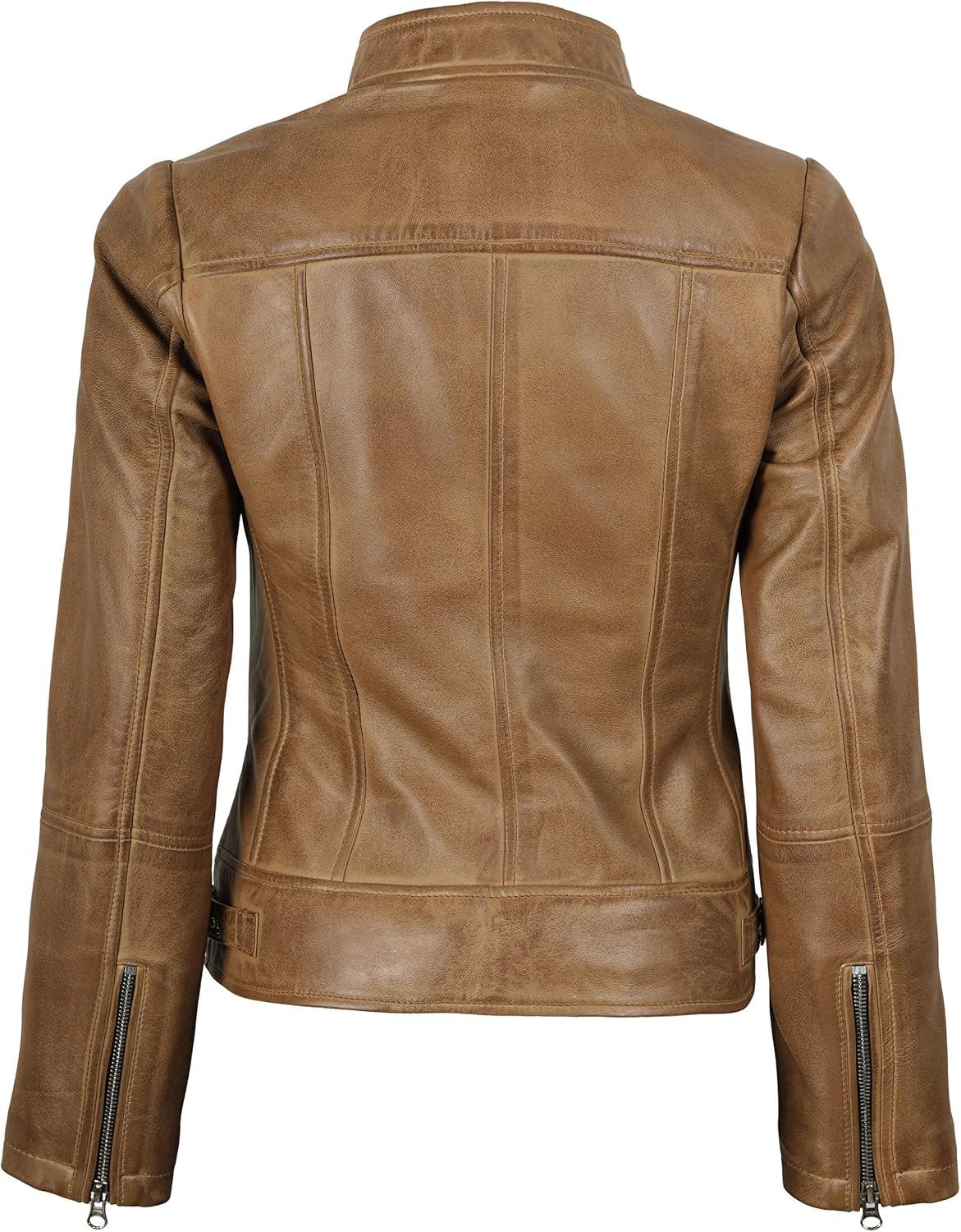 imageDecrum Womens Leather Jacket Real Lambskin Cafe Racer Style Leather Jackets for WomenAmy Camel Leather Jacket Women