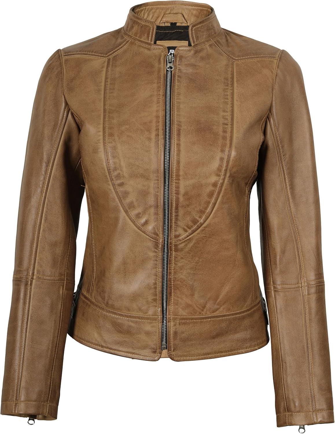 imageDecrum Womens Leather Jacket Real Lambskin Cafe Racer Style Leather Jackets for WomenAmy Camel Leather Jacket Women