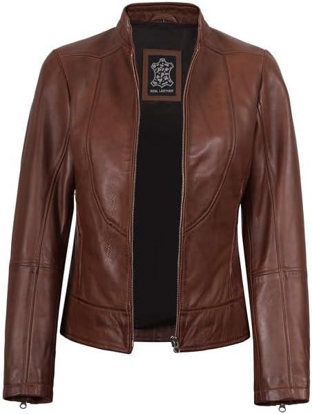 imageDecrum Womens Leather Jacket Real Lambskin Cafe Racer Style Leather Jackets for WomenAmy Cognac Leather Jacket Women