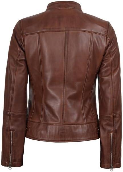 imageDecrum Womens Leather Jacket Real Lambskin Cafe Racer Style Leather Jackets for WomenAmy Cognac Leather Jacket Women