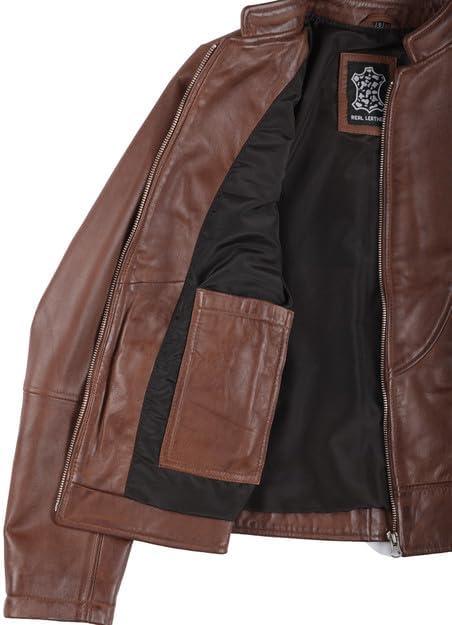 imageDecrum Womens Leather Jacket Real Lambskin Cafe Racer Style Leather Jackets for WomenAmy Cognac Leather Jacket Women