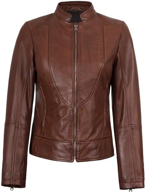 imageDecrum Womens Leather Jacket Real Lambskin Cafe Racer Style Leather Jackets for WomenAmy Cognac Leather Jacket Women
