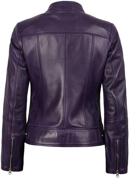 imageDecrum Womens Leather Jacket Real Lambskin Cafe Racer Style Leather Jackets for WomenAmy Purple Leather Jacket Women