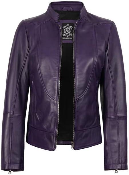 imageDecrum Womens Leather Jacket Real Lambskin Cafe Racer Style Leather Jackets for WomenAmy Purple Leather Jacket Women